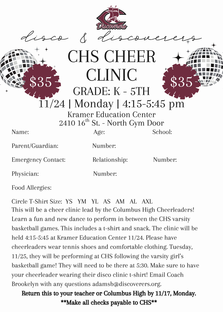 CHS cheer clinic grades k-5 flyer for 11/24