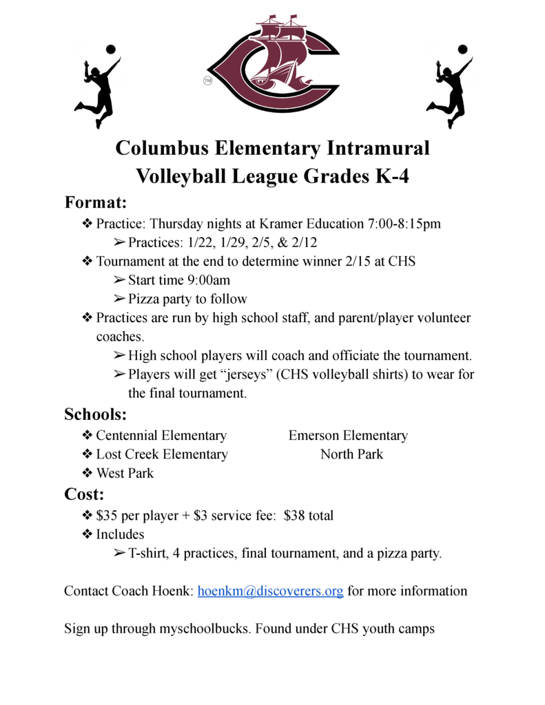 Columbus Elementary Intramural volleyball League flyer for k-43 students