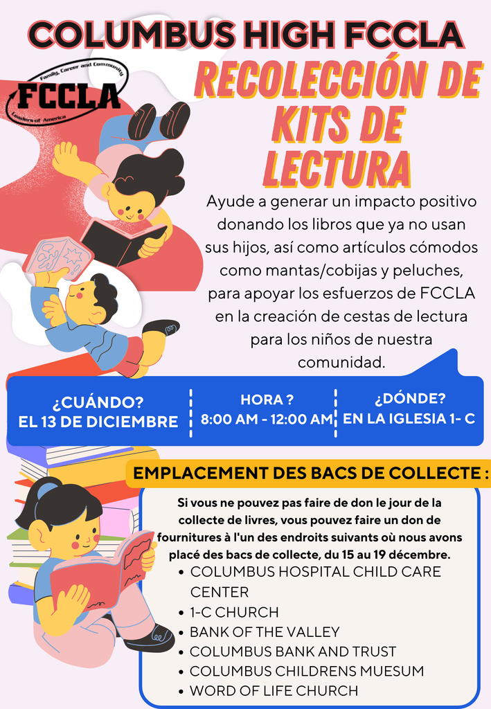 Spanish FCCLA flyer for the Reading Kit Drive taking place on December 13th at 1-C church from 8am-12pm.  looking for donations of books.