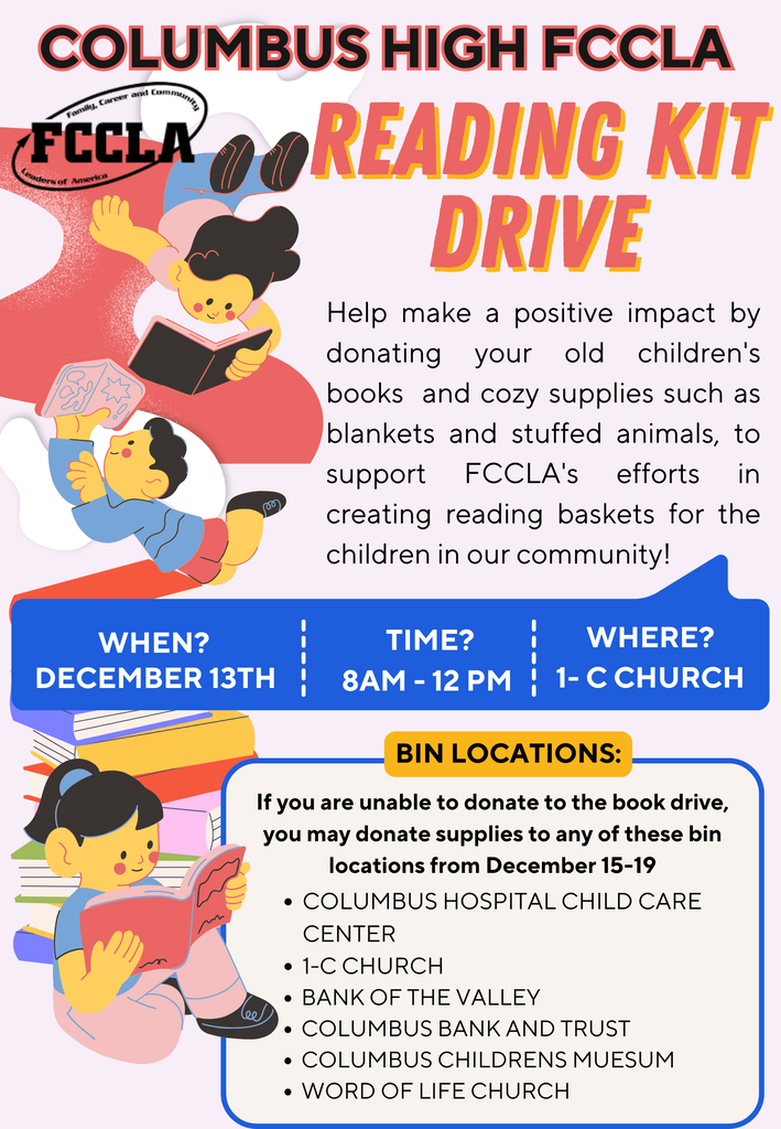 English FCCLA flyer for the Reading Kit Drive taking place on December 13th at 1-C church from 8am-12pm.  looking for donations of books.