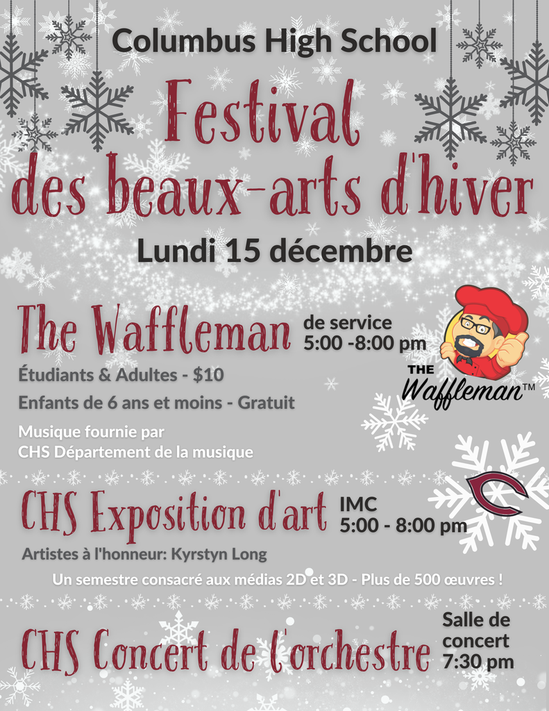French flyer: Flyer for fine arts night at CHS. december 15th waffle man 5-8pm tickets $10, art show 5-8 and band concert at 7:30pm.