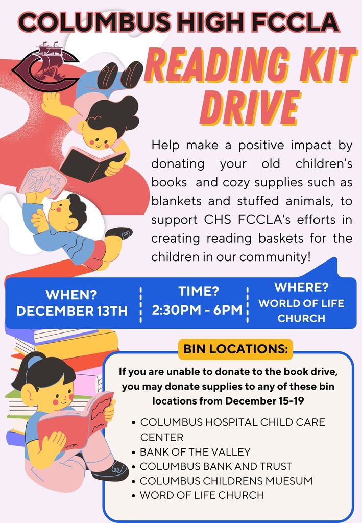 English - Columbus FCCLA Reading kit drive flyer. donate items 12/13/25 from 2:30-6pm at World of life church