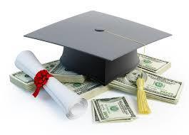 mortar board cap with diploma in a ribbon sitting on top of money