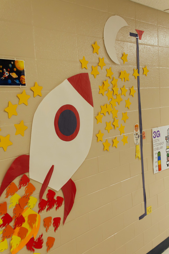 photo of a rocket ship with stars and an astronaut showing where the class is at with reaching their wildly important goal