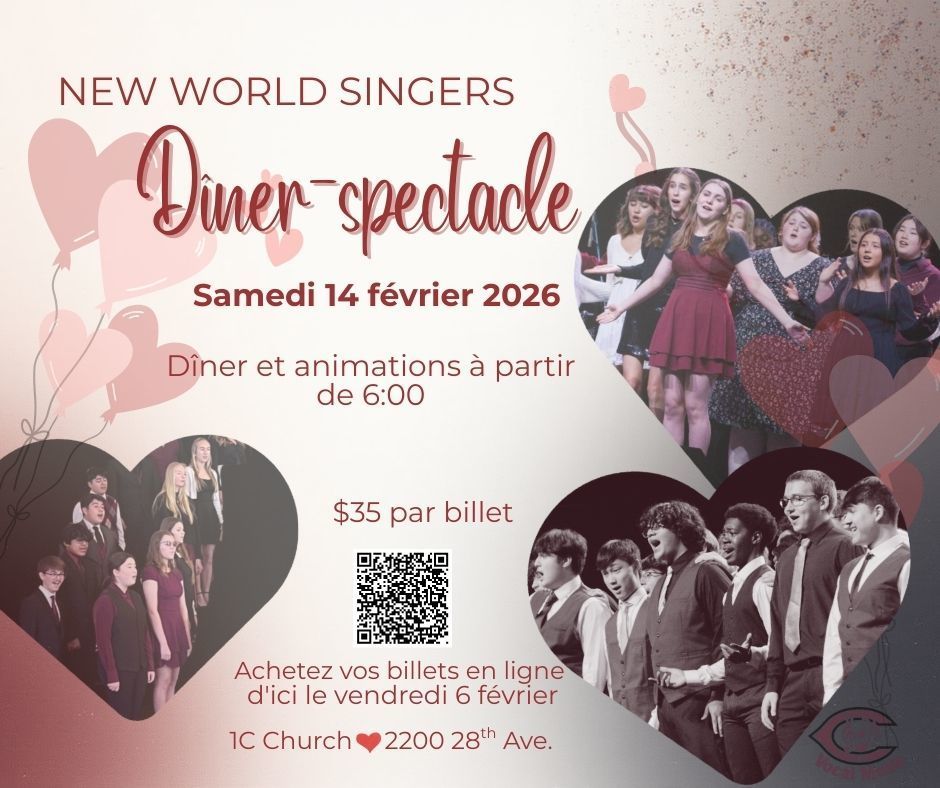 (French)  NWS Dinner Show graphic saemdi 14 fevrier.  it has hearts and photos of students performing