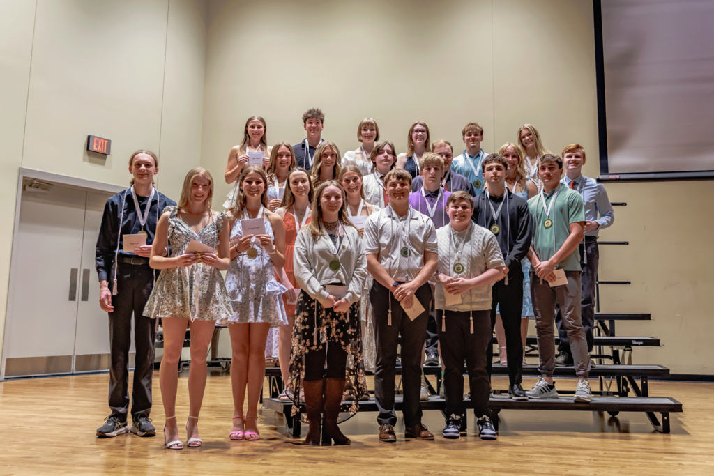 Photo of seniors who are part of the Top 10% of their class.  Some students were not able to attend the photo.  There are 22 students shown with their medal and silver cords.