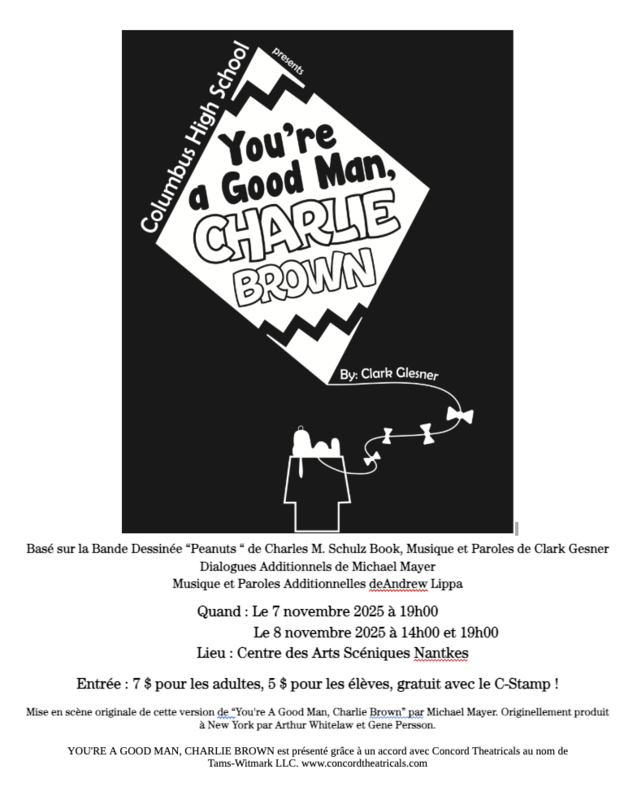 French black and white poster of CHS musical "You're a Good Man Charlie Brown"