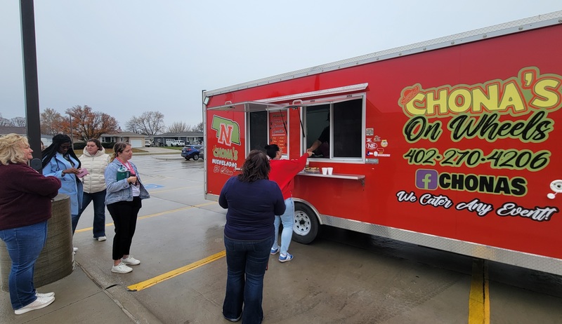 Teachers waiting in line for food