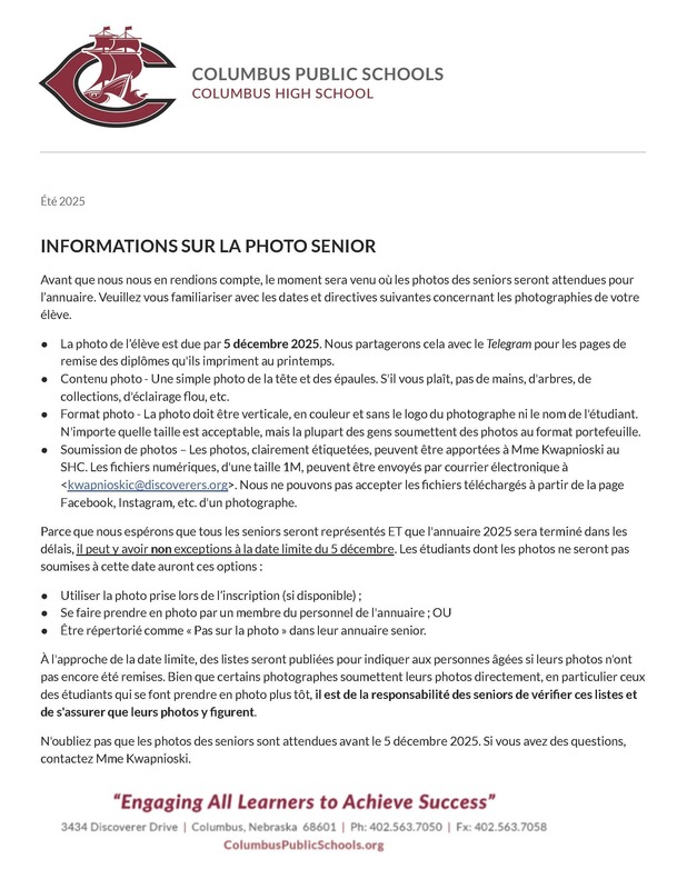 Letter regarding senior photo info in French