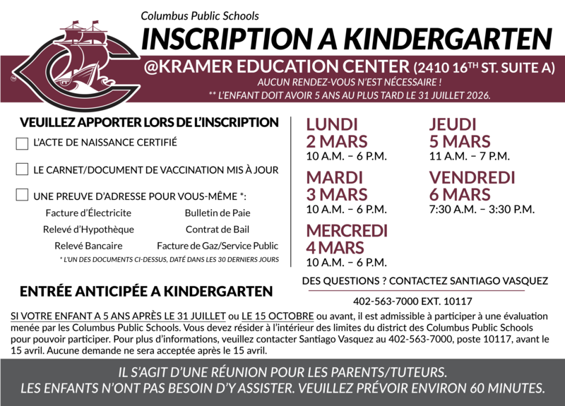 The CPS Kindergarten Registration Graphic in French.