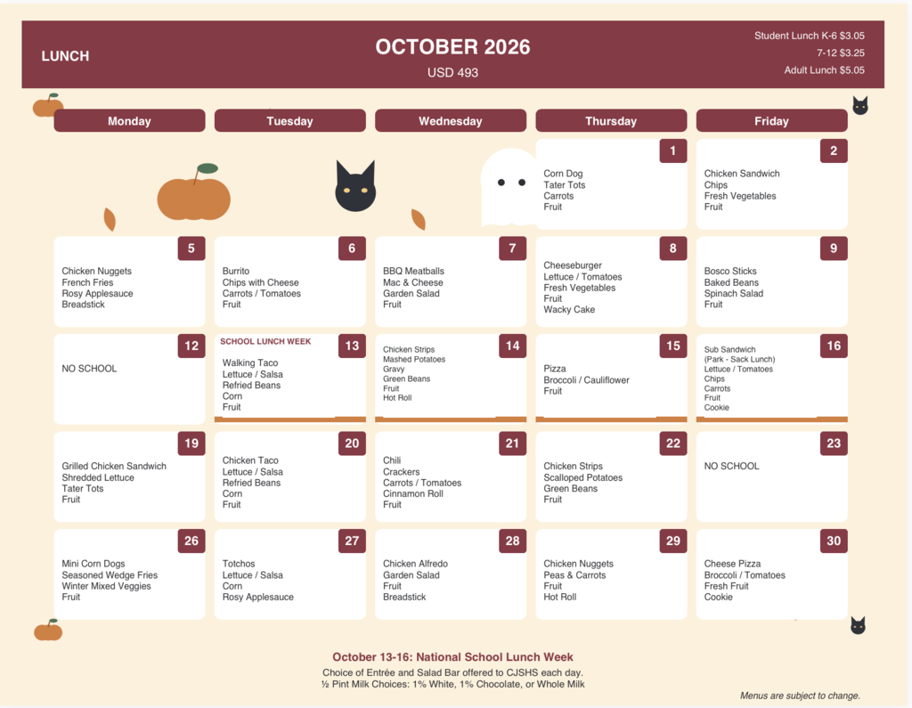 October Lunch Menu