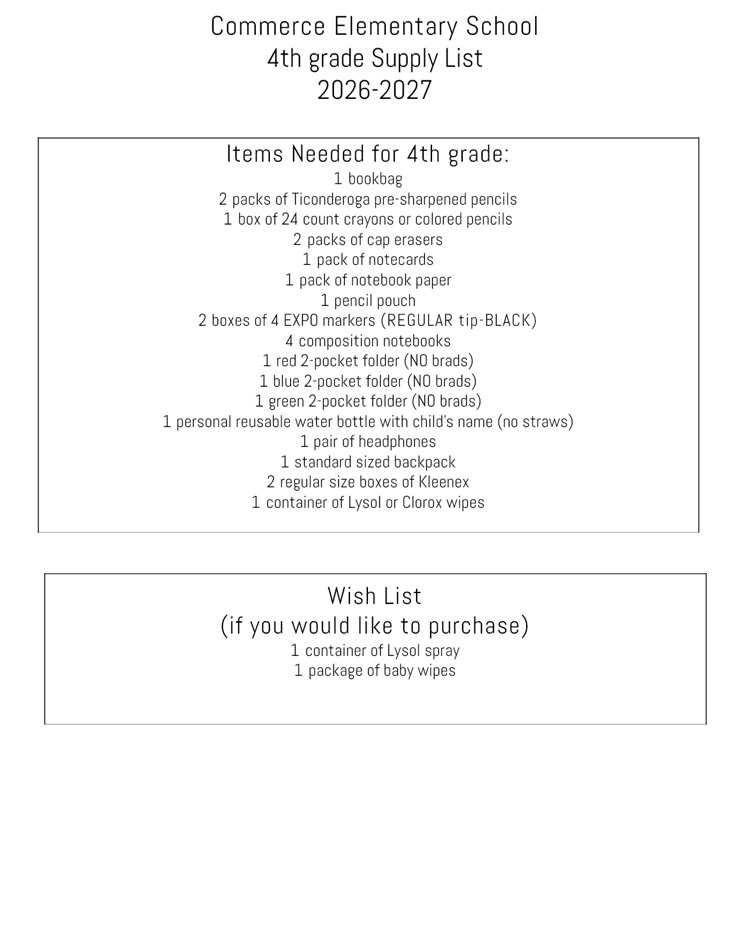 4th grade supply list 