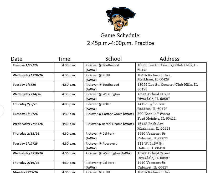 Girls' Volleyball Schedule Jan 2026