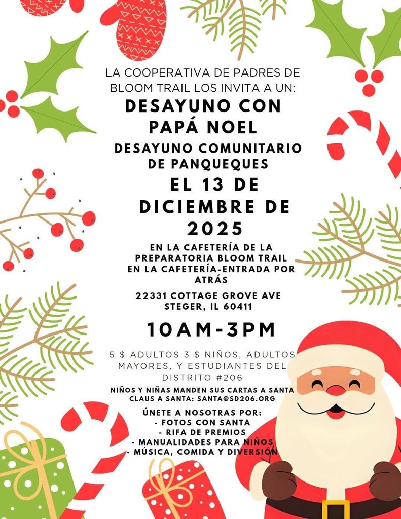 Las familias del Distrito Escolar 168 del CCSD están invitadas al Desayuno Comunitario de Panqueques con Santa Claus de la Cooperativa de Padres de Bloom Trail el 15 de diciembre de 2025 en la Cafetería de la Escuela Bloom Trail.