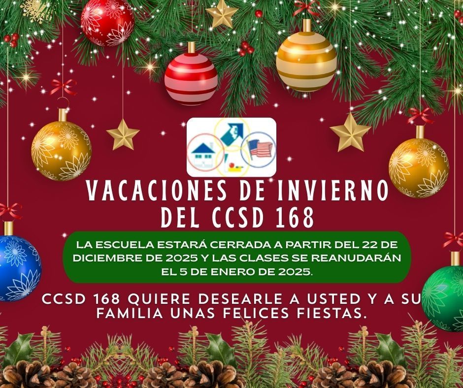 Calendario de vacaciones de invierno del distrito escolar CCSD 168 para 2025/2026.