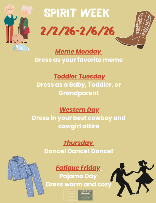 Schedule for Spirit Week 2/2 - 2/6