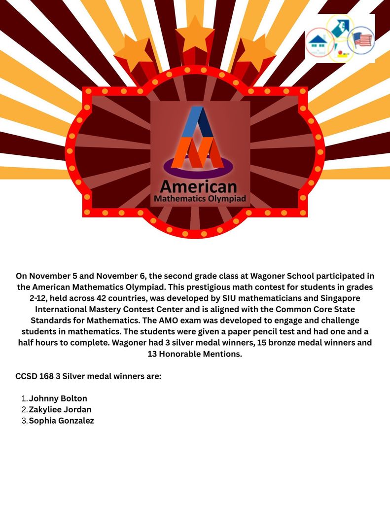 CCSD 168 would like to Congratulate our Wagoner students for winning15 bronze medal , 13 Honorable Mentions and the silver medal winners were Johnny Bolton, Zakyliee Jordan and Sophia Gonzalez .  Congratulations to you all.  Job well done.    