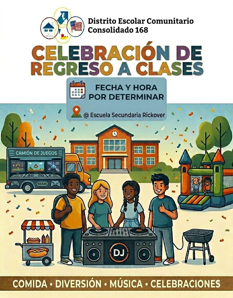 Debido a los recientes cortes de energía, el evento "Back to School Bash" del CCSD 168, programado para el 20 de agosto, ha sido pospuesto. Por favor, esté atento a la próxima fecha.