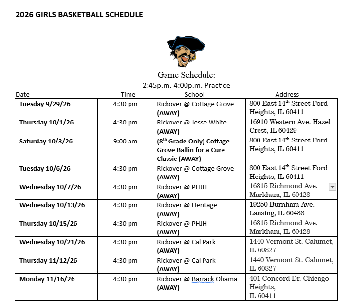 Girls' Basketball Schedule