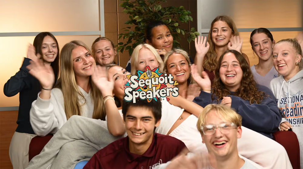 group picture of students crowded on a couch with Sequoit Speakes logo in center