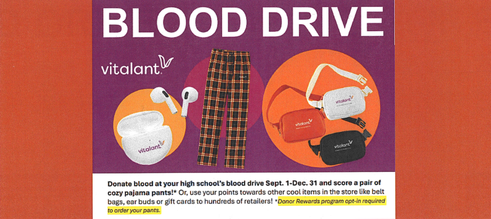 Vitalant blood drive promotional graphic showing donor rewards like pajama pants, belt bags, and earbuds.