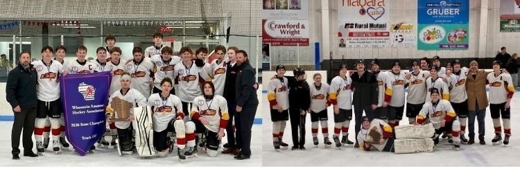 Two hockey teams with trophies and banners