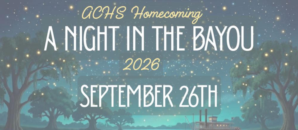 ACHS Homecoming: A Night in the Bayou 2026, Septmber 26th over image of bayou with fireflies and river boat