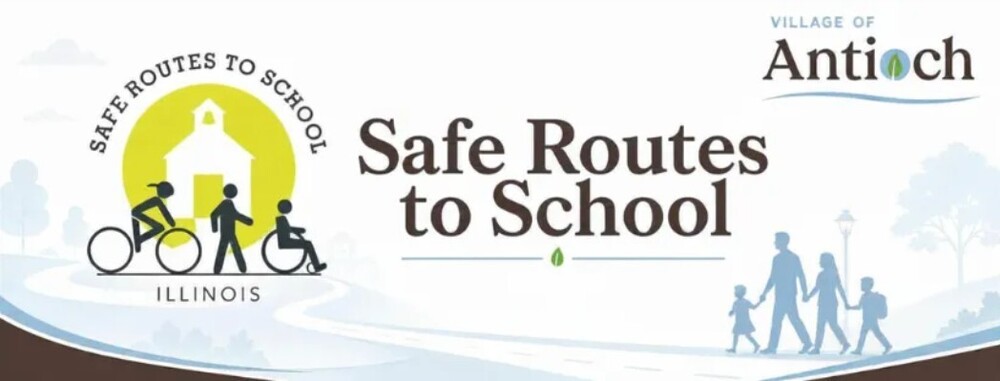 Graphic with people walking and riding bikes with text about safe routes to school