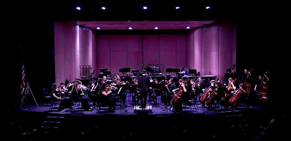 Wide shot of ACHS orchestra on stage with purple lighting.