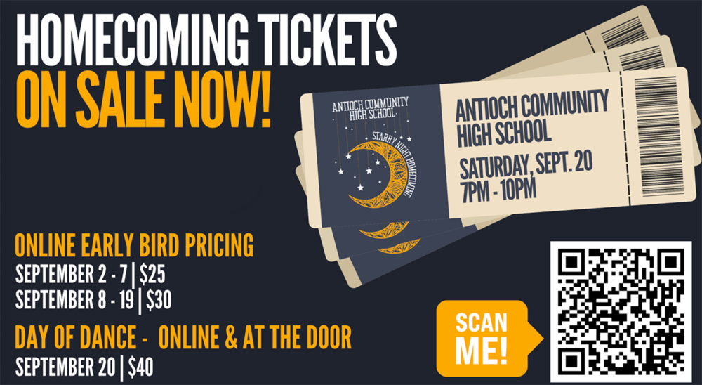 Flyer for Antioch Community High School homecoming dance on Saturday, Sept. 20, 7–10PM. Includes ticket pricing tiers and QR code for purchase.