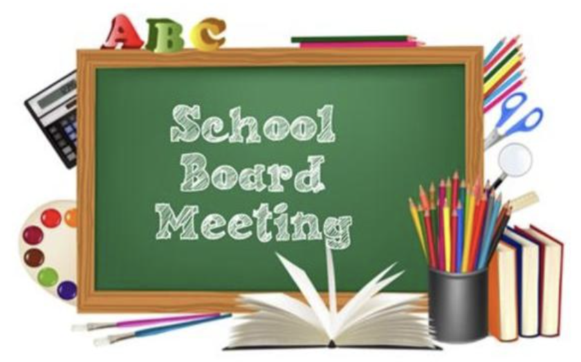 Picture of a chalk board with School Board Meeting written on it. 