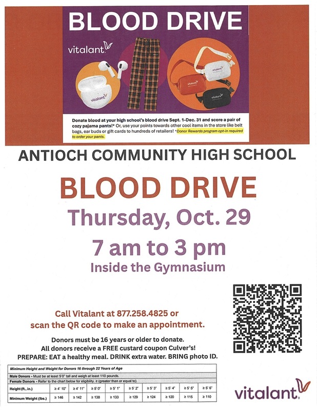 Antioch Community High School Blood Drive promotional flyer featuring event details for Thursday, Oct. 29, 7 a.m. to 3 p.m. inside the gymnasium, hosted by Vitalant, with a QR code to schedule an appointment.