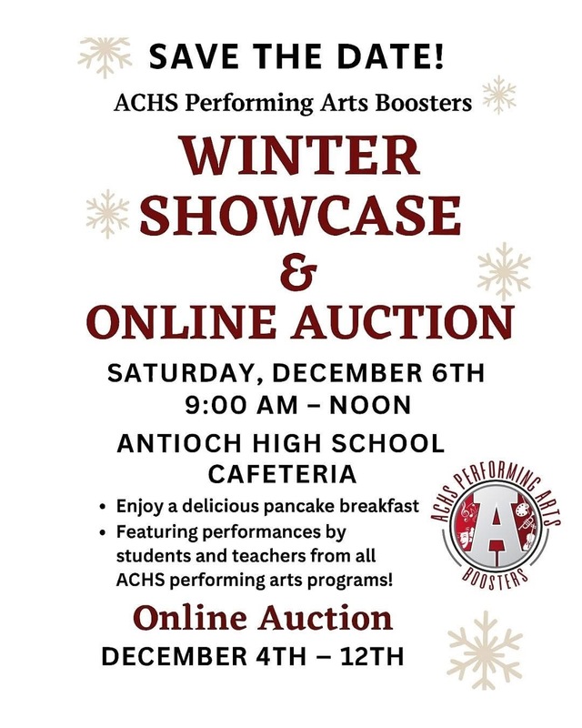 Flyer for ACHS Winter Showcase and Online Auction on December 6th, with breakfast and performances.