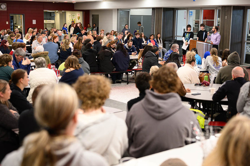 wide shot of crowded cafeteria