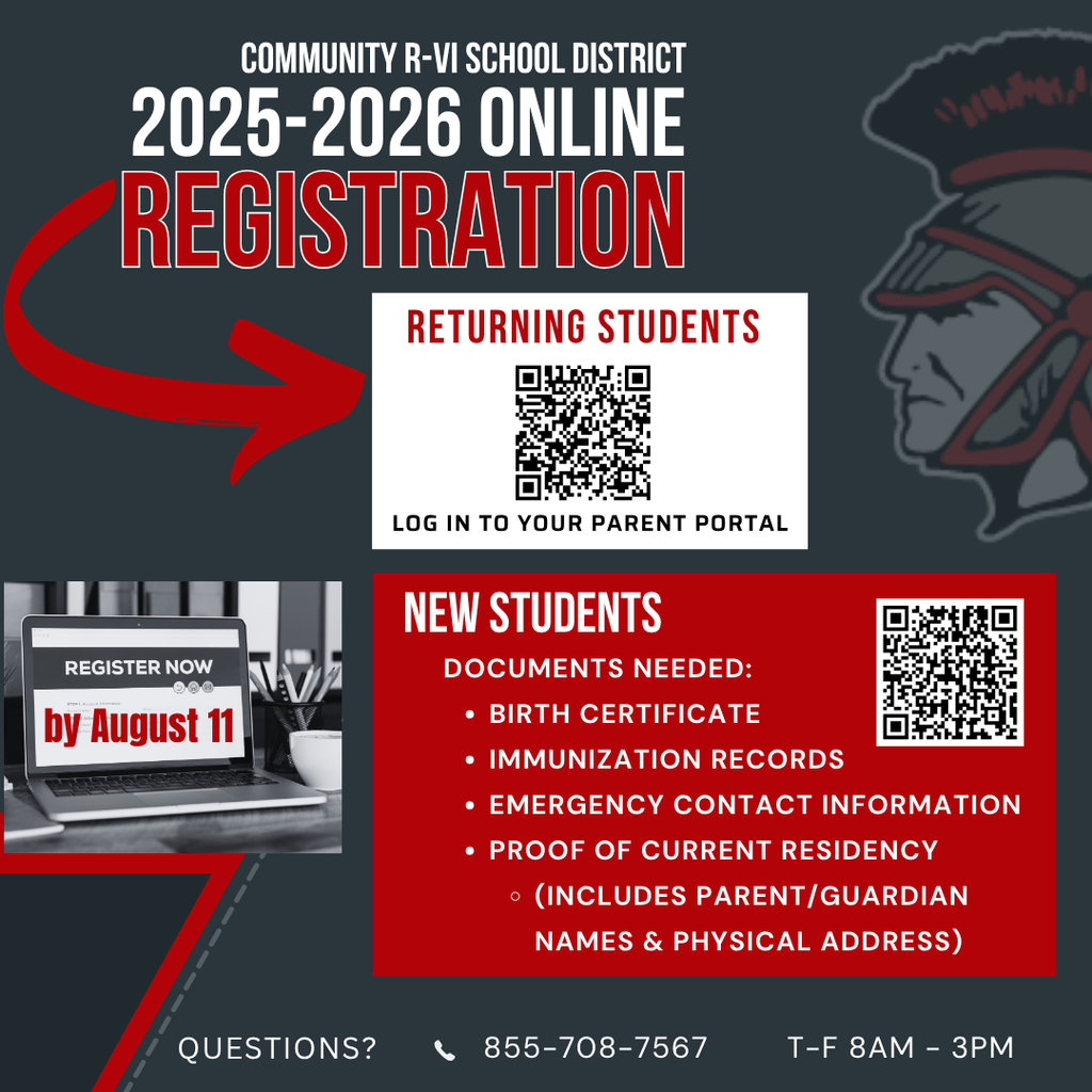  Online registration is now open for the 2025-2026 school year. Please complete registrations by Monday, August 11. For returning students, please log in to your parent portal https://communityr6mo.infinitecampus.org/campus/portal/parents/communityr6.jsp For new students, please use the following link: https://communityr6mo.infinitecampus.org/campus/apps/olr/application/login/login-email/3
