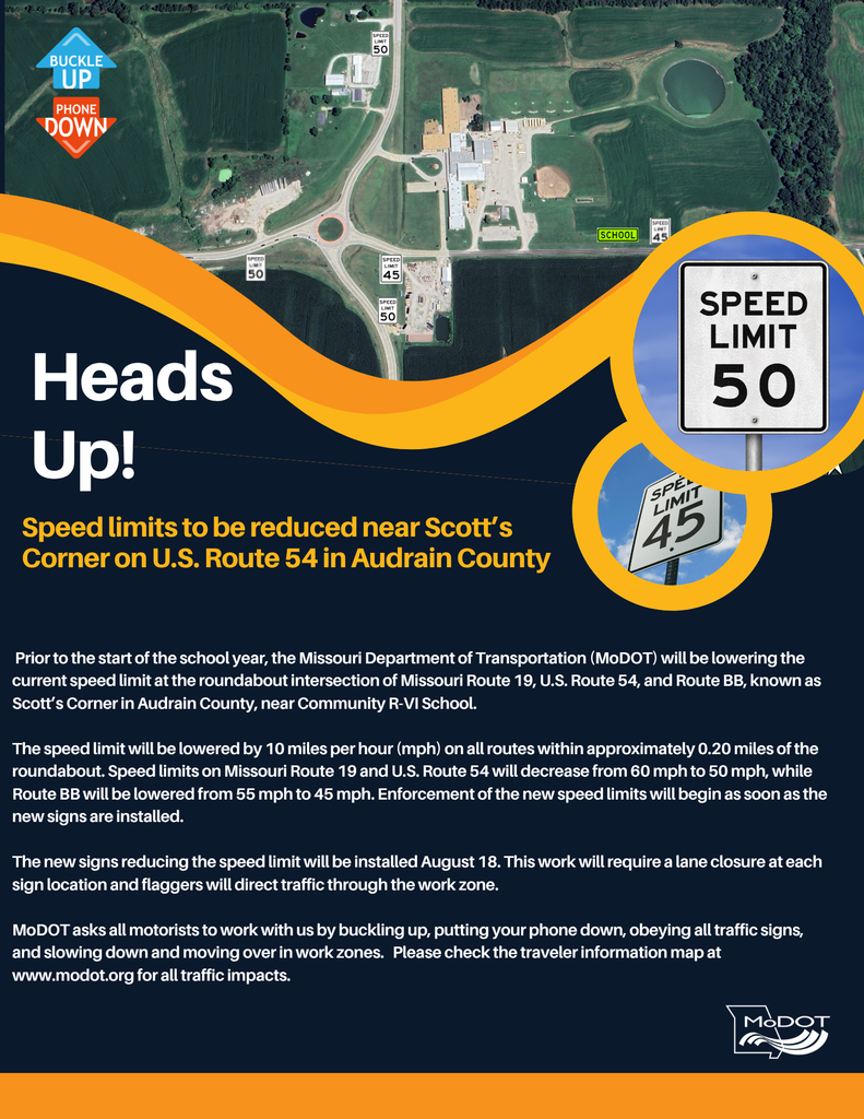 🚧 Attention everyone! Starting August 18, the speed limit near Scott's Corner will be reduced to 50 mph. Please be mindful of the change and drive safely! 