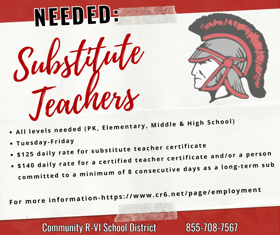 We need substitute teachers!  For more information- https://www.cr6.net/page/employment