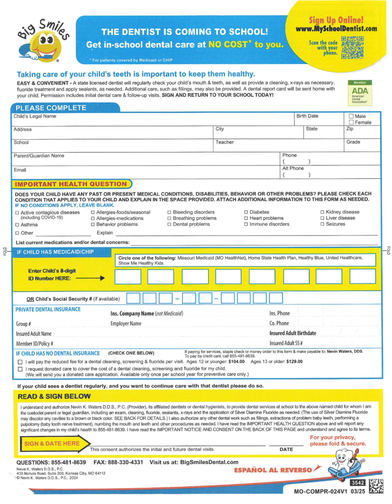 The Big Smiles dental team will be at Community R-VI in November.  If you would like your child to be seen by a dentist, please complete the attached form in full or sign up online by following the instructions at the top of the form by October 15.  If you have any questions, please contact Community R-VI School Nurse, Lee Ann Meador, at 855-I 708-7567 x123 or email at meador@cr6.net.  Thank you!