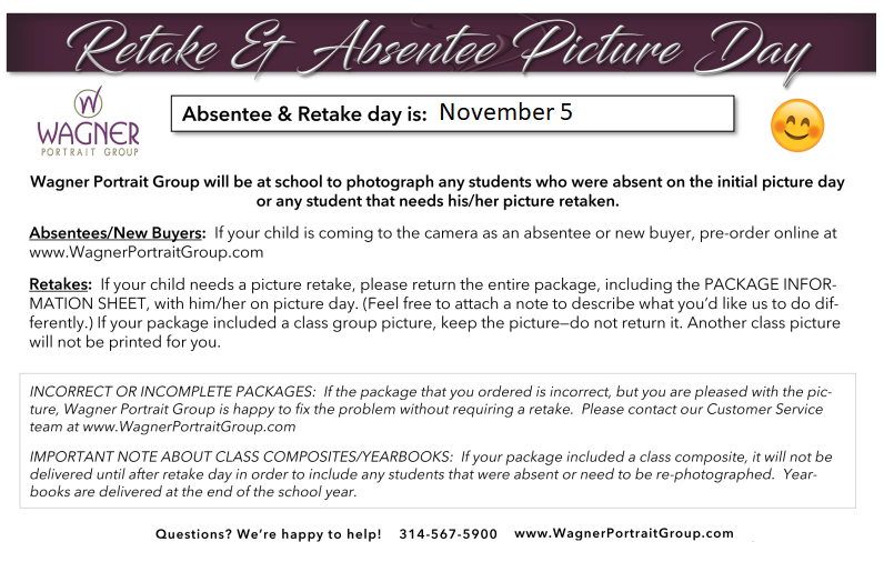 Picture Retake Day is Wednesday, November 5! 