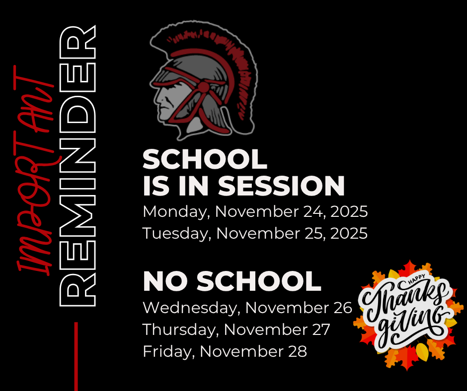 Please remember school will be in session on Monday, November 24. The District Calendar can be found on our webpage or https://5il.co/37gvq