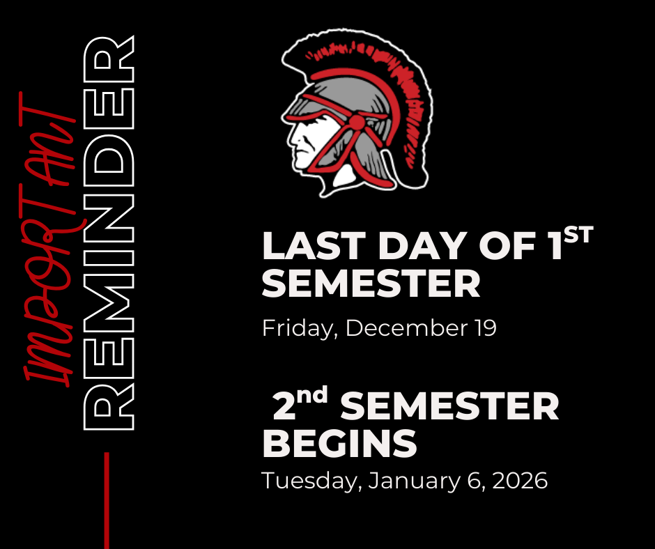 The last day of school for 1st semester is Friday, December 19. We will return to school on Tuesday, January 6, 2026. Wishing all students, families, and staff a peaceful and joyful holiday season! District Calendar: https://files-backend.assets.thrillshare.com/documents/asset/uploaded_file/1013/Community_R_Vi/e6ab4b4a-8779-4c16-8d33-19be0cb3624c/25-26_Calendar_Approved_2.xlsx_-_Sheet1.pdf?disposition=inline