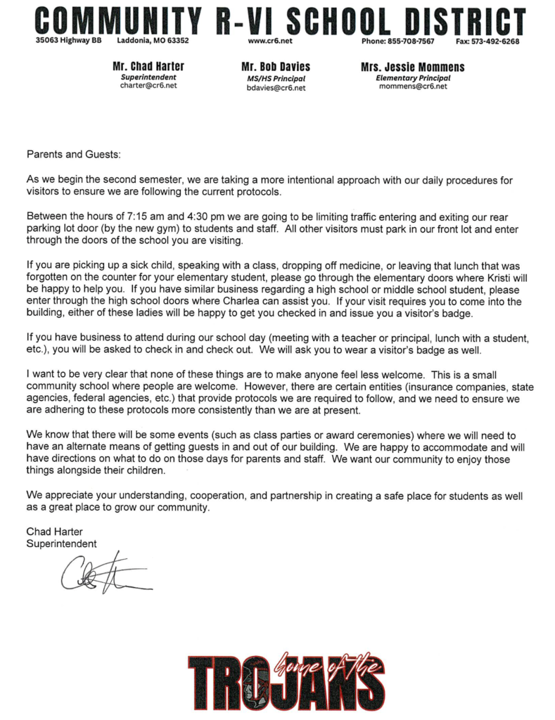 A reminder for parents and guests.