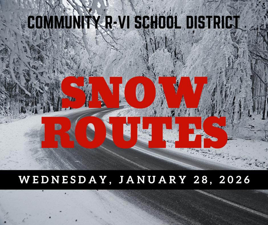 Community R-6 will be in session tomorrow, Wednesday, January 28, 2026, using snow routes. Snow Route information: https://5il.co/3sg0r.  Snow Routes can always be found on our website. 