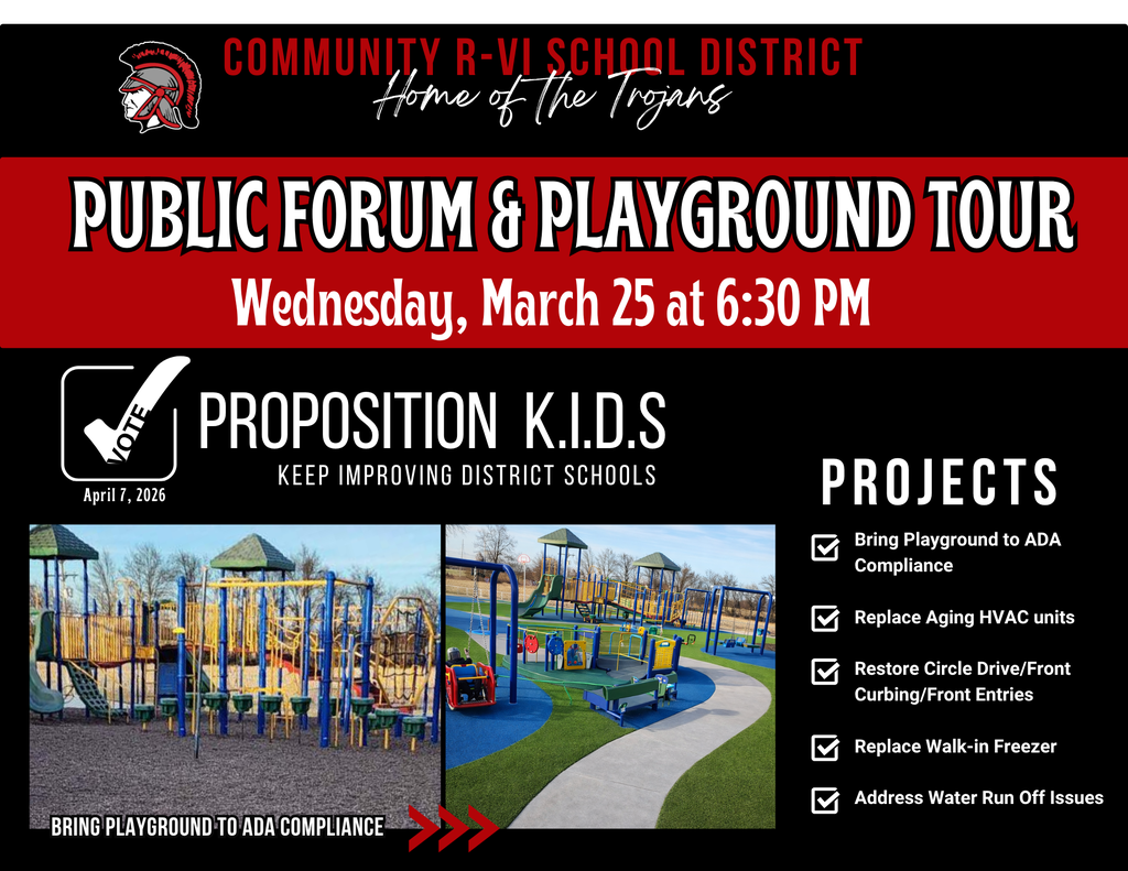Join us for a public forum and playground tour on Wednesday, March 25, at 6:30 PM. This is your chance to learn more and ask questions about the No-Tax-Increase bond issue. 