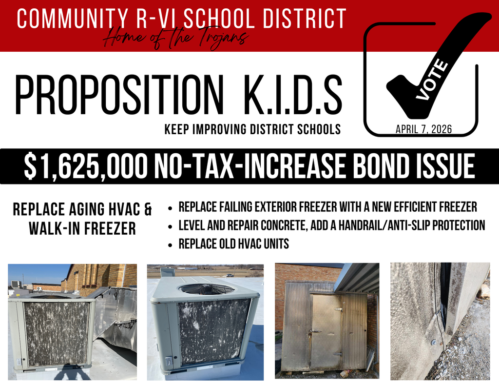 As we approach the April 7th election, Community R-VI is committed to transparency regarding the specific projects funded by the proposed no-tax increase bond. While the bond covers several district needs, two of the most critical areas involve our climate control systems and essential food service infrastructure. 1. HVAC System Replacement Our learning environment is directly impacted by the air quality and temperature within our classrooms. Currently, several of our HVAC units are reaching the end of their functional lifespan. They are becoming increasingly unreliable, leading to frequent repairs and inconsistent temperatures. The Plan: This bond allows us to replace 9 of our oldest, least efficient units. The Benefit: By moving to a planned rotational replacement schedule, we reduce emergency maintenance costs and improve energy efficiency, ensuring that taxpayer dollars are used more effectively in the long run.  2. Outdoor Freezer & Infrastructure The reliability of our food service department depends on functional equipment. Our current outdoor freezer has served the district well but now requires a full replacement to ensure food safety and storage capacity for our student meal programs. The Plan: We will be replacing the outdoor freezer unit and, crucially, repairing the surrounding concrete pad. The Benefit: Our current freezer is at the end of its life.  It must be replaced.  Proper support from a repaired pad ensures the long-term functionality of the new unit, preventing shifting or structural damage that could lead to premature equipment failure.  Understanding the Financial Impact Currently, the district’s tax rate for bond repayment is set at 55 cents per $100 of assessed value. It is important to understand that this rate will not change regardless of the outcome of this election: If the bond passes: The rate remains at 55 cents, and the funds are used to complete these necessary repairs.  In other words, if you own a car you could sell for $10000 you will pay about $18 in taxes on the car to support the old bond and the new bond combined. If the bond does not pass: The rate remains at 55 cents, and the funds continue to pay down existing debt.  In other words, if you own a car you could sell for $10000 you will still pay about $18 in taxes on the car to support just the old bond. In either scenario, no new taxes will be created. This measure simply allows the district to address these pressing facility needs using the existing tax structure. Join the Conversation We thank those that came on the 25th to hear about the good things this bond will do for our district.  Thank you for bringing your questions and helping us to clarify the purpose of these funds. If you have questions before the 7th, please reach out to us at charter@cr6.net or call the school office at (855) 708-7567. We appreciate your continued support of Community R-VI.