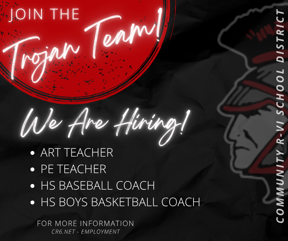 We are hiring for the 2026-2027 school year! Positions available: Art Teacher, PE Teacher, HS Baseball Coach and HS Boys Basketball Coach.  For more information  visit www.cr6.net-employment