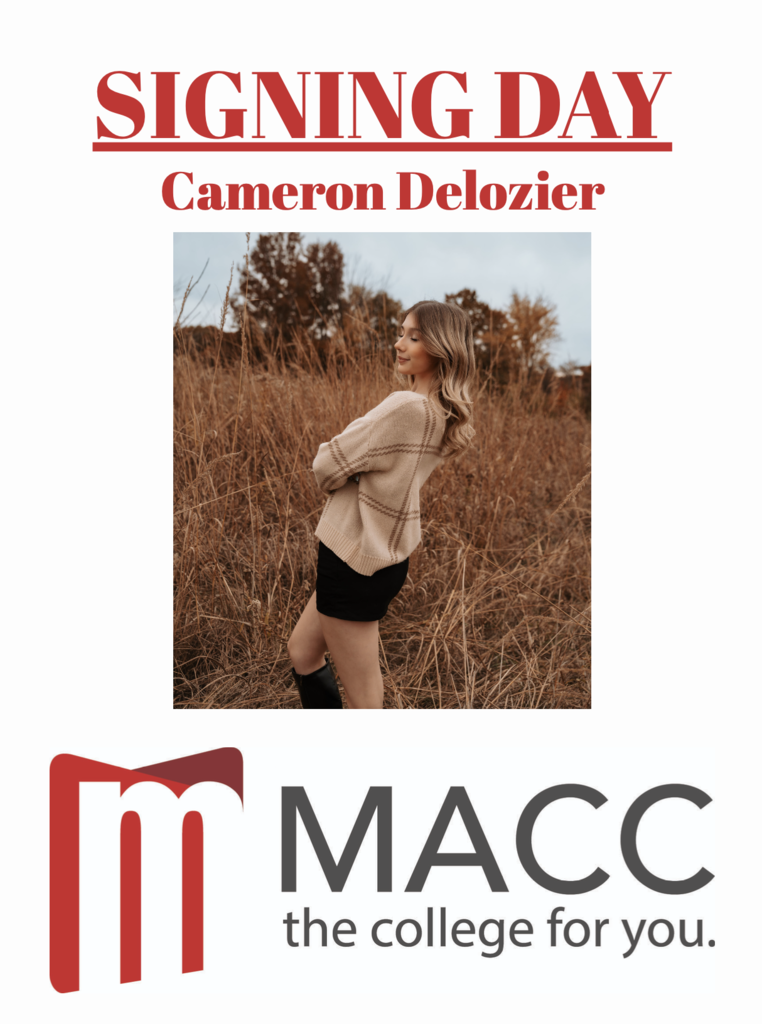 Our next signing day is set for Thursday, April 23, at 3:06 pm.  Join us in congratulating Cameron Delozier, Chris Lewis, Kat Meyer, Tru Patterson, and Adriana Woodson for continuing their education at MACC! Cameron stands in a field.