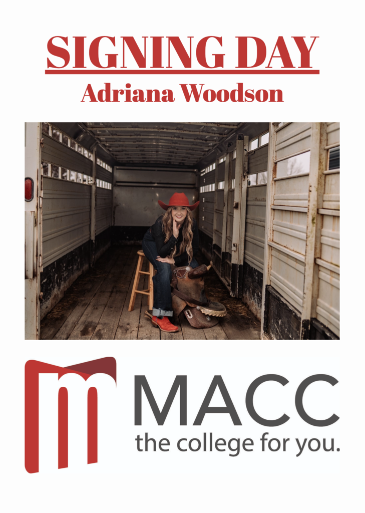 Our next signing day is set for Thursday, April 23, at 3:06 pm.  Join us in congratulating Cameron Delozier, Chris Lewis, Kat Meyer, Tru Patterson, and Adriana Woodson for continuing their education at MACC! Adriana sits on a stool in a horse trailer wearing a red cowboy hat.