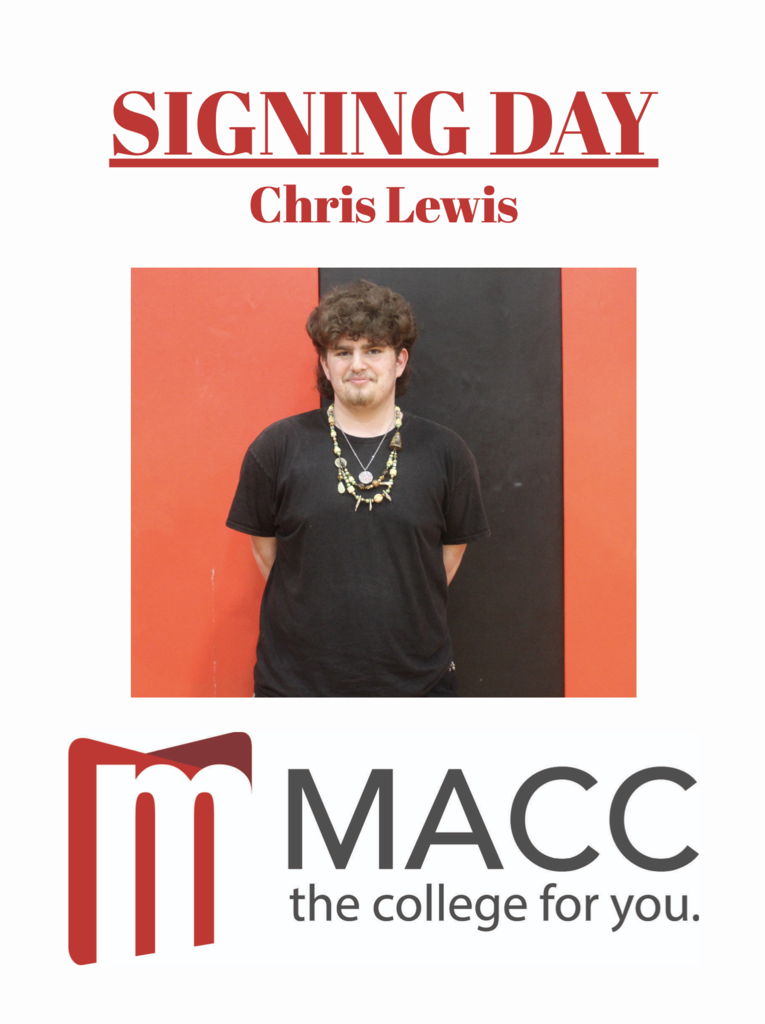 Our next signing day is set for Thursday, April 23, at 3:06 pm.  Join us in congratulating Cameron Delozier, Chris Lewis, Kat Meyer, Tru Patterson, and Adriana Woodson for continuing their education at MACC! Chris stands in front of a black and red wall.