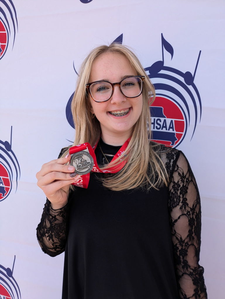 Big congratulations to Hailey Schmidt — she took her vocal solos to the State Music Festival on Friday, May 1 and earned a Silver Rating and medal! Pictured is Hailey holding her silver medal.